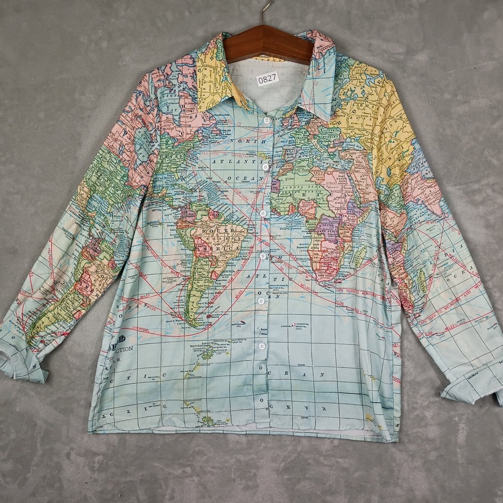 Misslook Button Down Shirt Women 3XL Multicolor World Map Print Long Sleeve Gorp